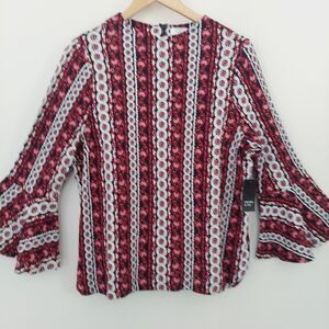 Crown & Ivy Long Bell Sleeve Top Womens Size PXL Red Blue Floral Round Neck NWT